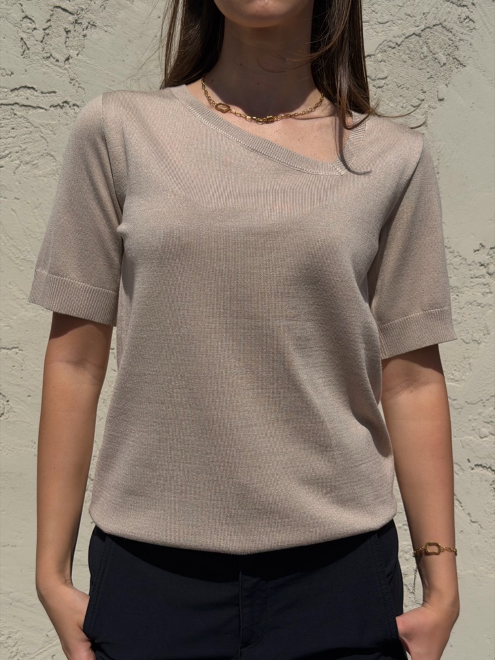Women’s Short Sleeve Knit Top in Beige - Classic Casual